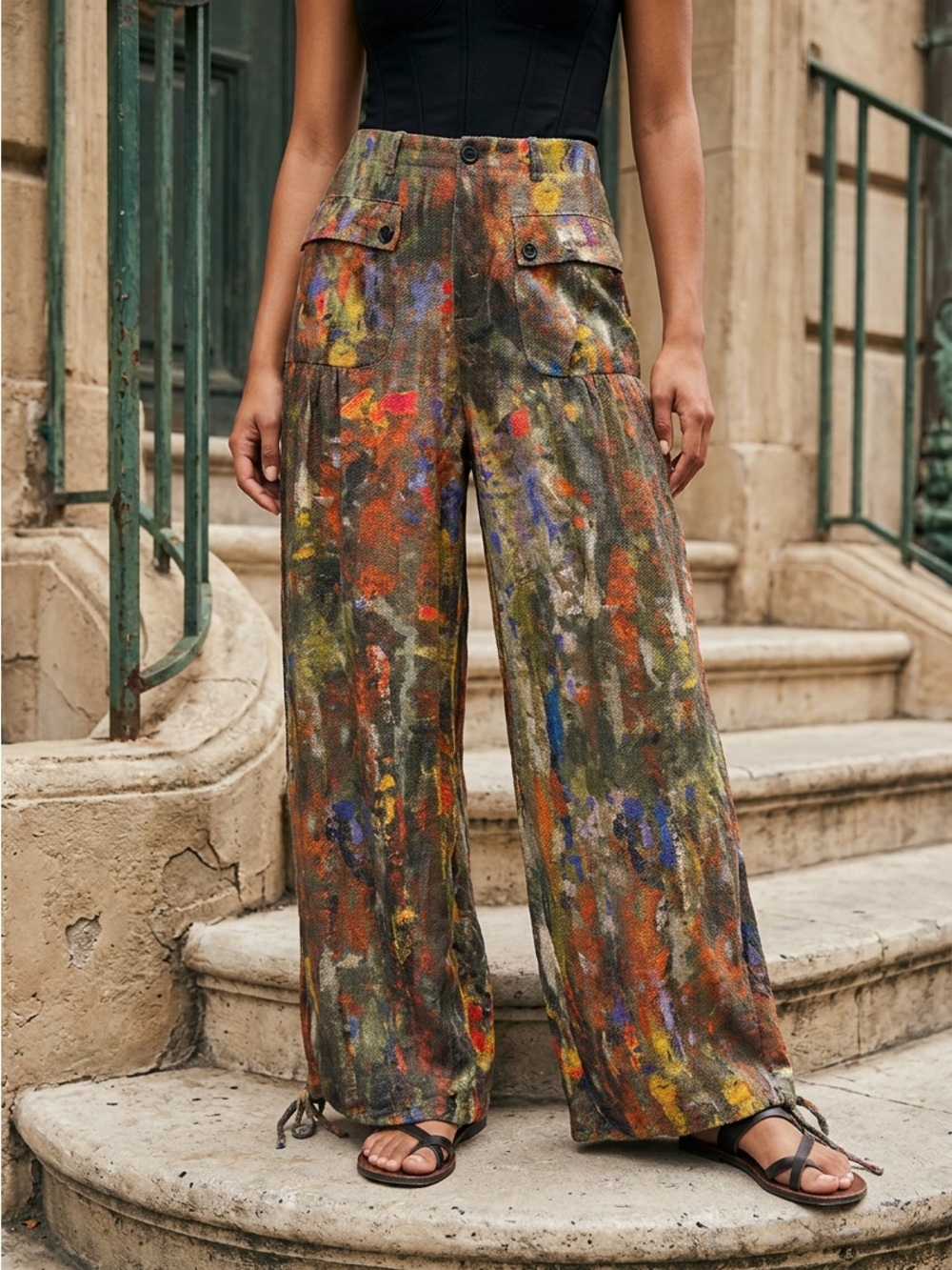 DAVI & DANI Olive Wide-Leg Paint-Splash Cargo Pants